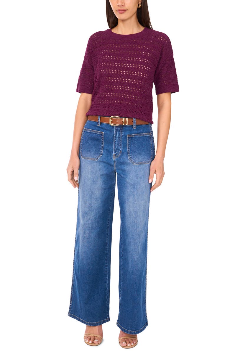 Vince Camuto Open Stitch Short Sleeve Sweater, Alternate, color, Pickled Beet