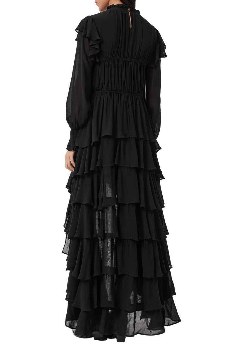AllSaints Leila Layered Ruffle Long Sleeve High-Low Maxi Dress, Alternate, color, Black