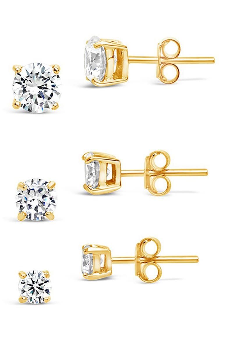 14K Gold Plated Sterling Silver CZ Stud Earrings - Set of 3, Main, color, GOLD