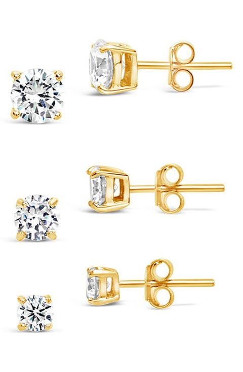 14K Gold Plated Sterling Silver CZ Stud Earrings - Set of 3