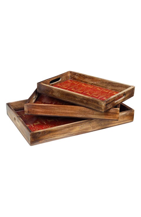 Rectangular Resin & Wood Decorative Tray Set
