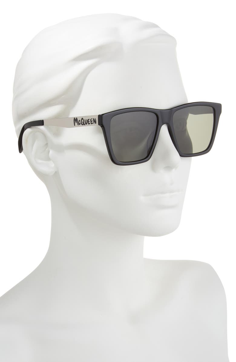 McQueen 57mm Square Sunglasses, Alternate, color, Black Silver Green