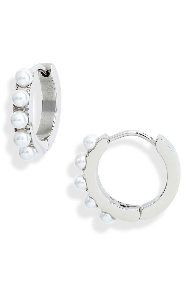 Imitation Pearl Mini Hoop Earrings, Main, color, RHODIUM