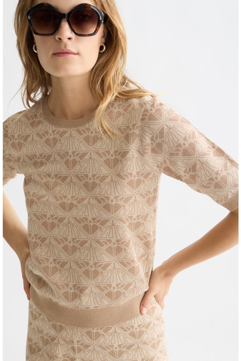 Monogarm Short Sleeve Jacquard Sweater, Alternate, color, TRAVERTINE