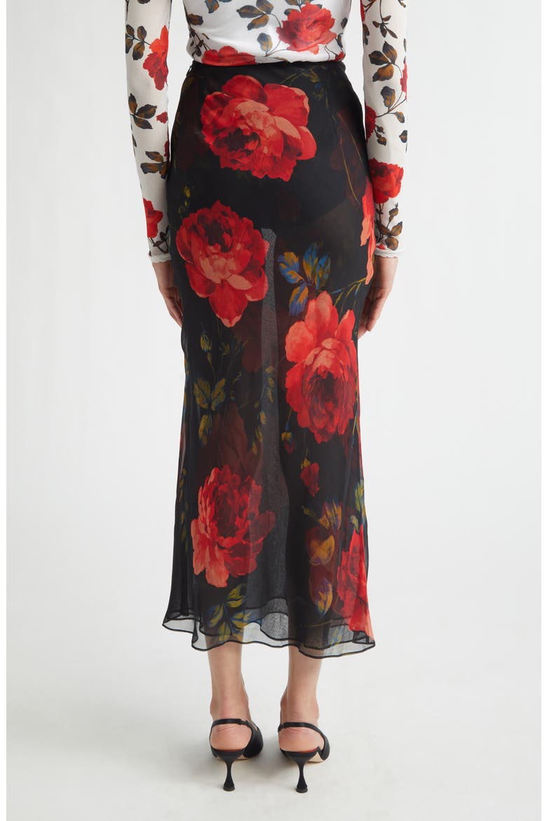 Rose Print Sheer Silk Chiffon Midi Skirt, Alternate, color, BLACK MULTI