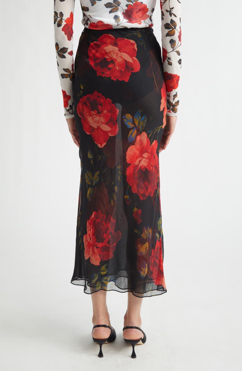Carolina Herrera Rose Print Sheer Silk Chiffon Midi Skirt, Alternate, color, Black Multi