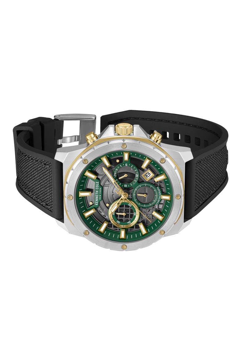 The Hollis Chronograph Mixed Media Strap Watch, 45mm, Alternate, color, BLACK
