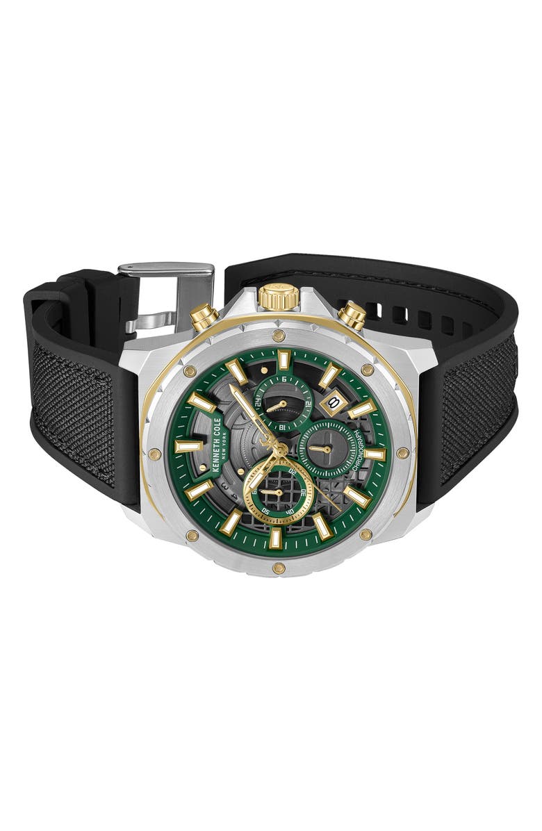 Kenneth Cole New York The Hollis Chronograph Mixed Media Strap Watch, 45mm, Alternate, color, Black