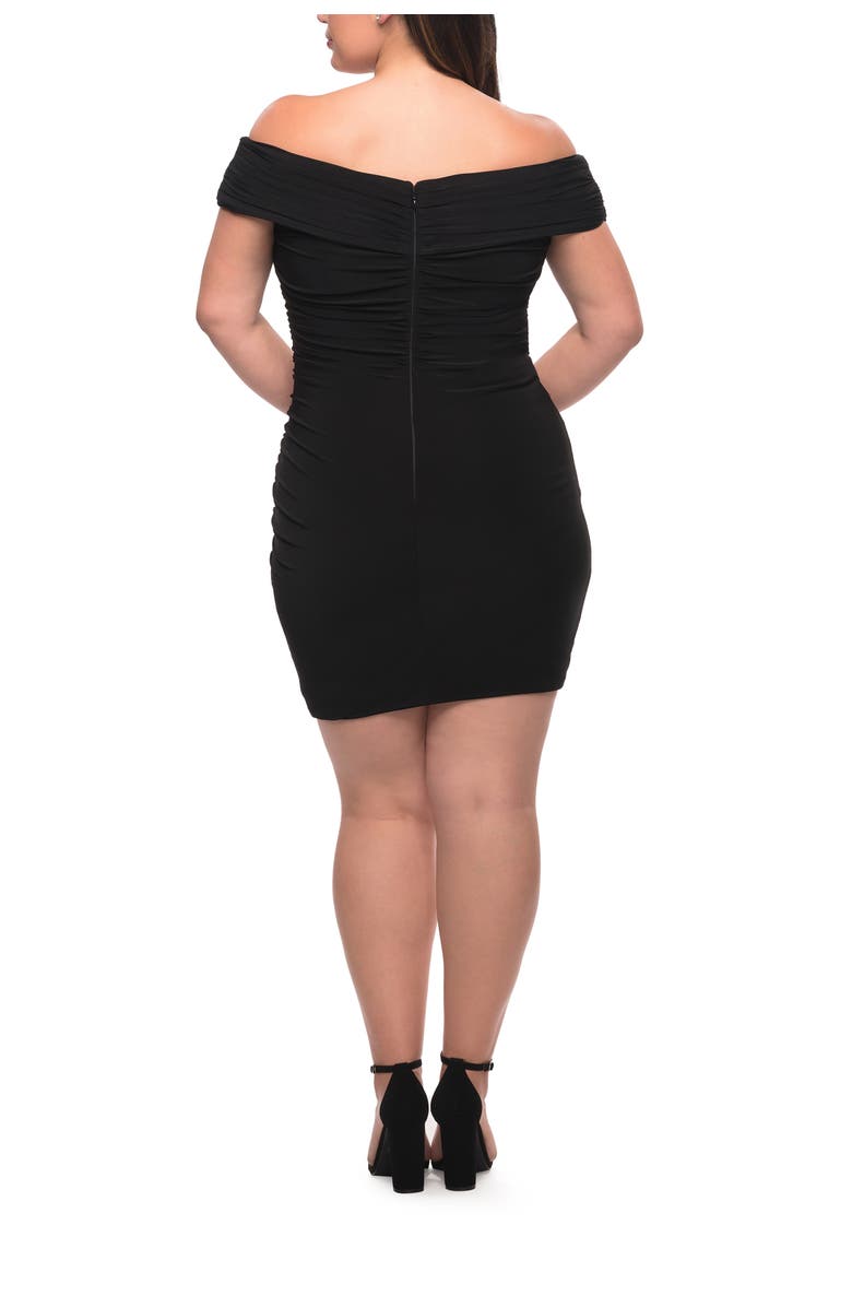 La Femme Plus Size Short Jersey Off the Shoulder Dress, Alternate, color, Black