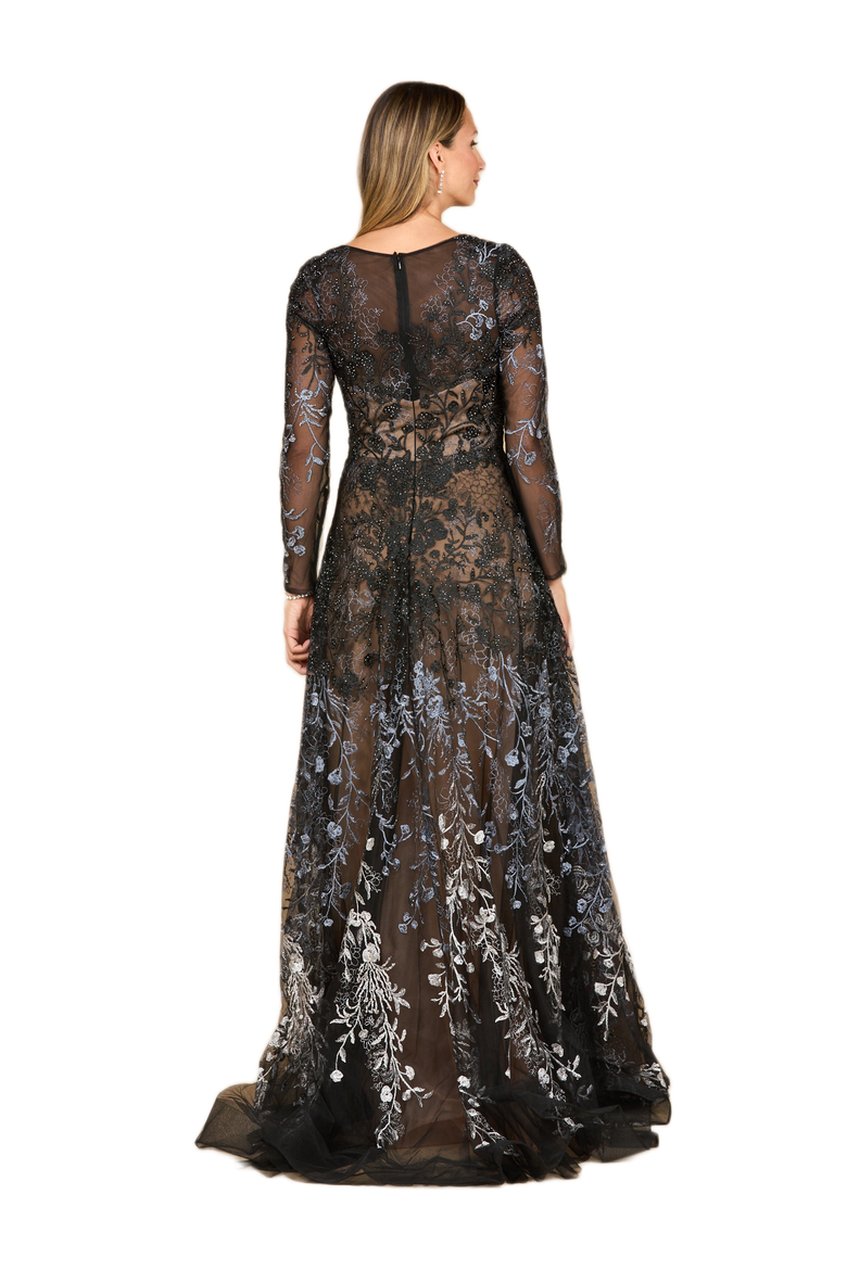 Long Sleeve V-Neck Ombre Lace Gown, Alternate, color, Black Ombre