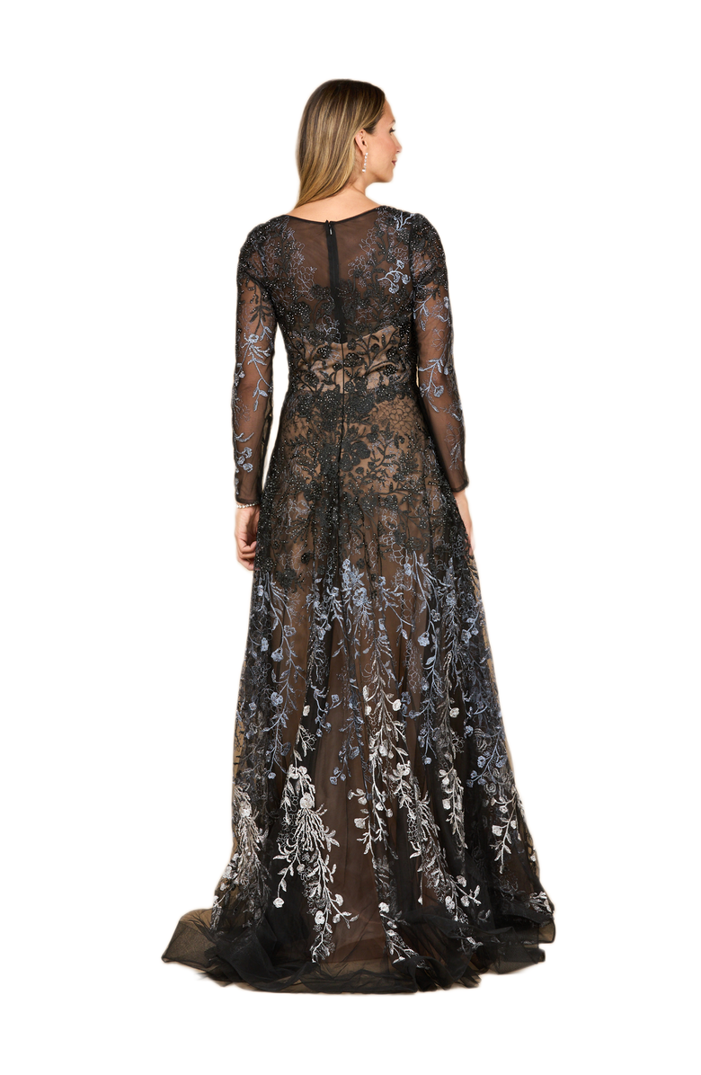 LARA New York Long Sleeve V-Neck Ombre Lace Gown, Alternate, color, Black Ombre