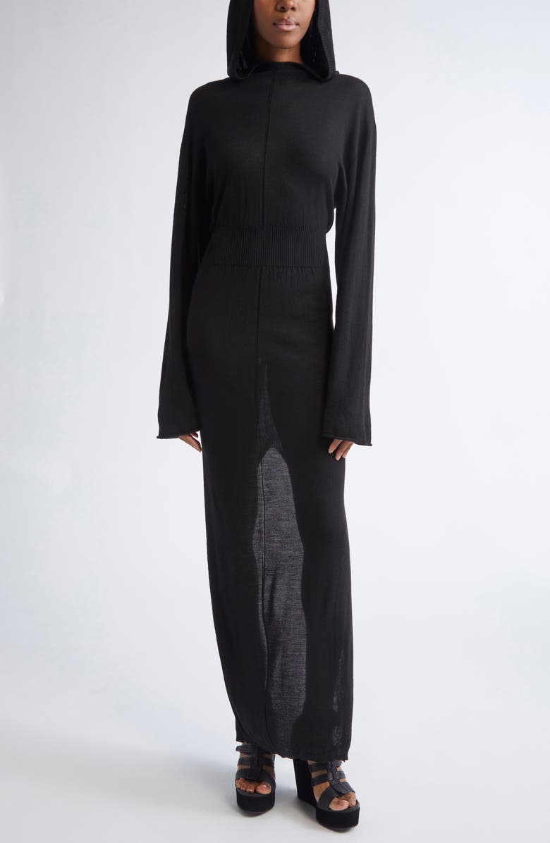Rick Owens Abito Long Sleeve Hooded Maxi Virgin Wool Sweater Dress, Main, color, Black