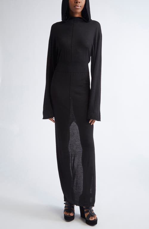 Rick Owens Abito Long Sleeve Hooded Maxi Virgin Wool Sweater Dress in Black  product