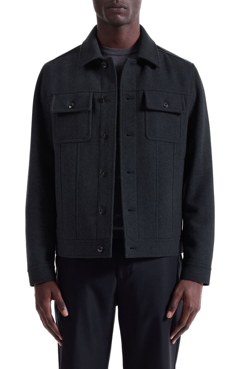 Bugatchi Hybrid Melton & Wool Trucker Jacket, Main, color, Anthracite