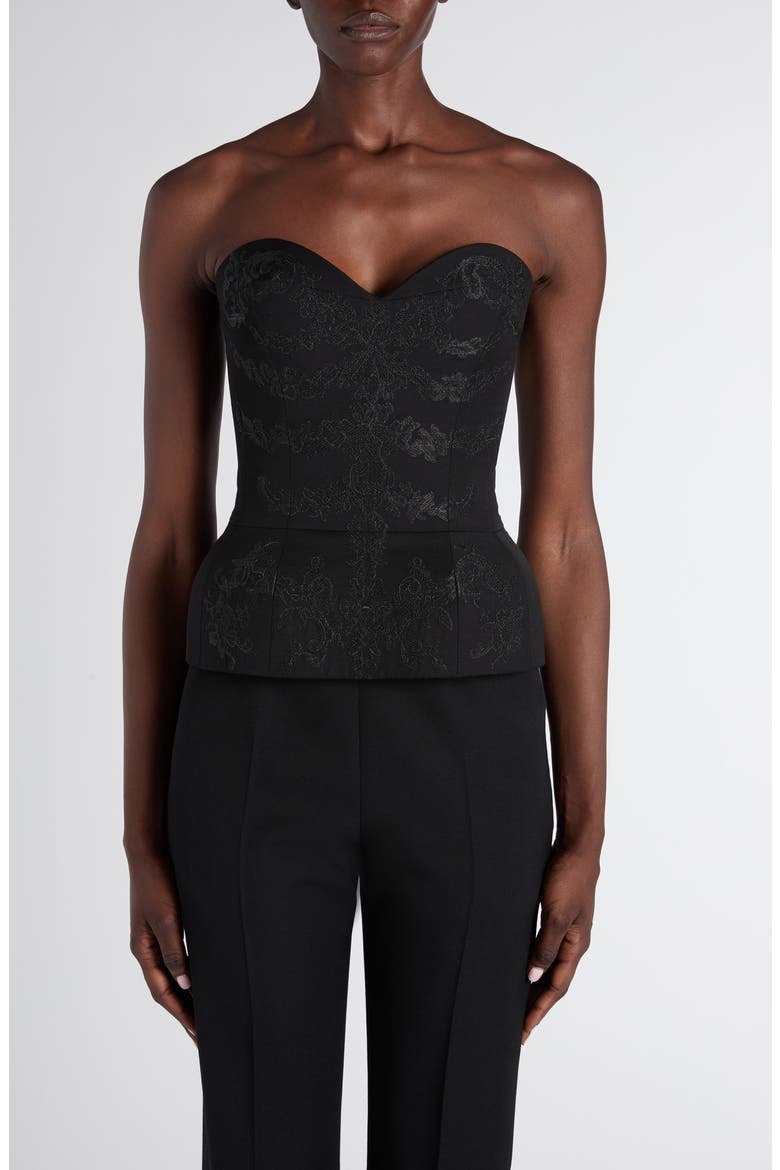 Embroidered Structured Wool Peplum Corset, Main, color, BLACK