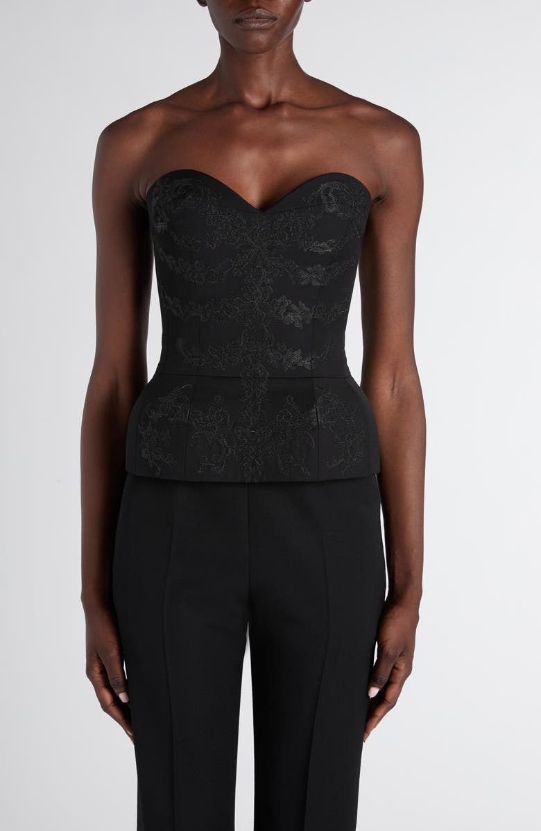 McQueen Embroidered Structured Wool Peplum Corset, Main, color, Black