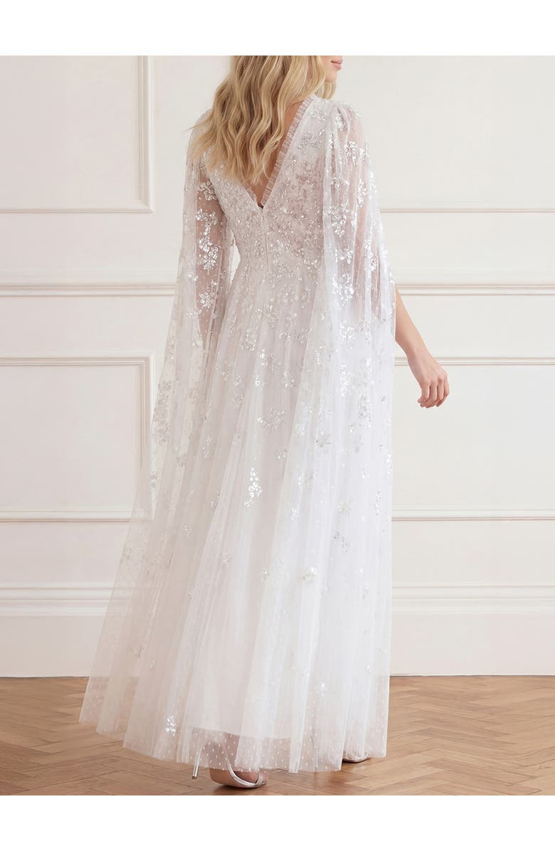 Needle & Thread Freesia Shimmer Cape Sleeve Ankle Gown, Alternate, color, Swan White/Pink