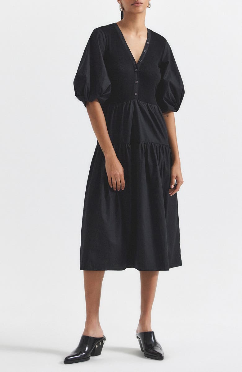 Derek Lam 10 Crosby Natalia Mixed Media Midi Dress, Main, color, Black