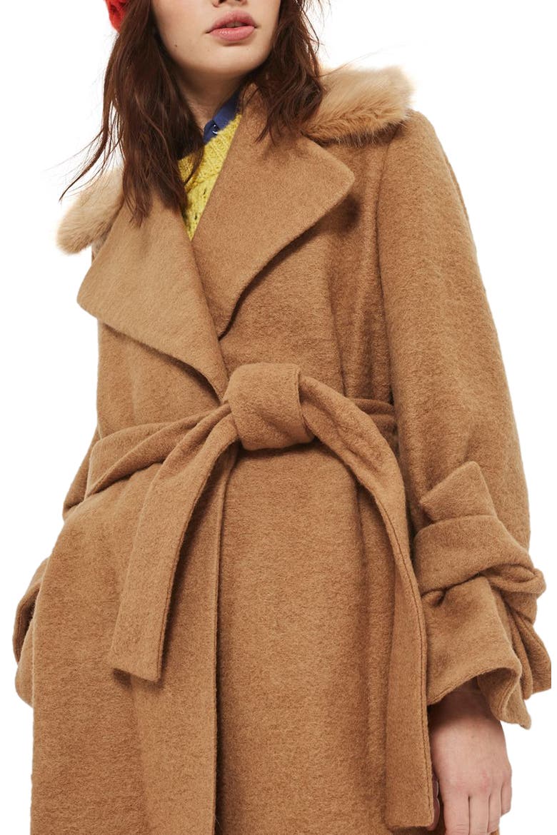Faux Fur Collar Belted Wool Blend Coat, Alternate, color, CAMEL