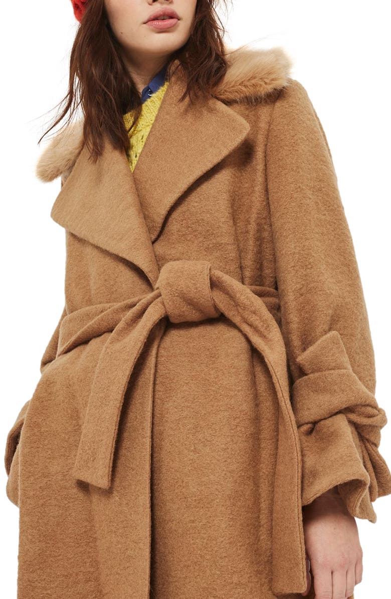 Topshop Faux Fur Collar Belted Wool Blend Coat, Alternate, color, 