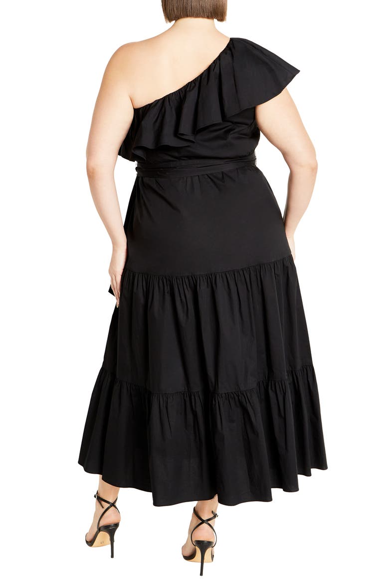 Kiama Ruffle One-Shoulder Tie Belt Tiered Stretch Cotton Dress, Alternate, color, BLACK