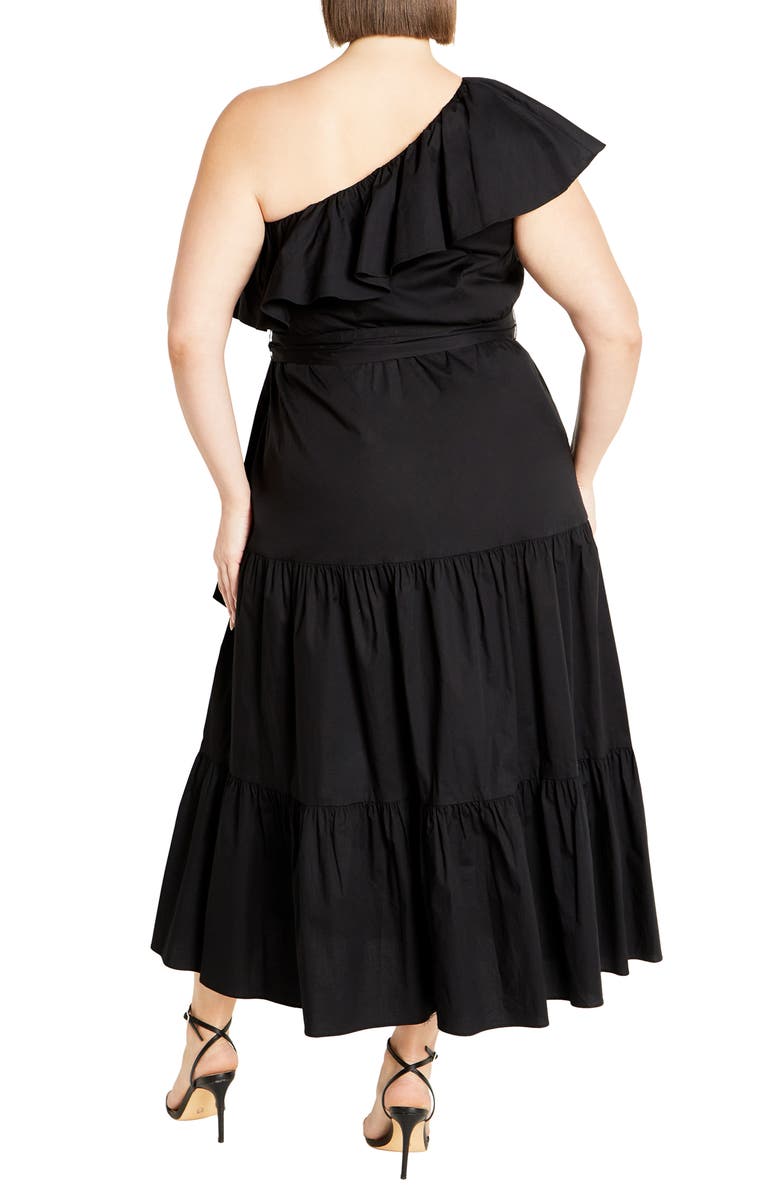 City Chic Kiama Ruffle One-Shoulder Tie Belt Tiered Stretch Cotton Dress, Alternate, color, Black