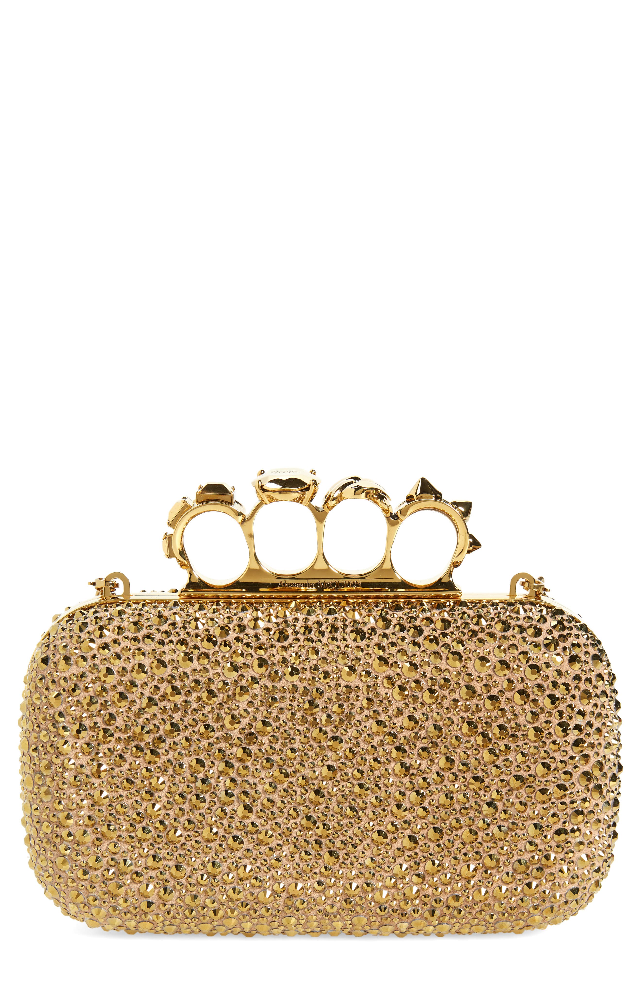 McQueen Skull Crystal Embellished Knuckle Clutch, Main, color, 