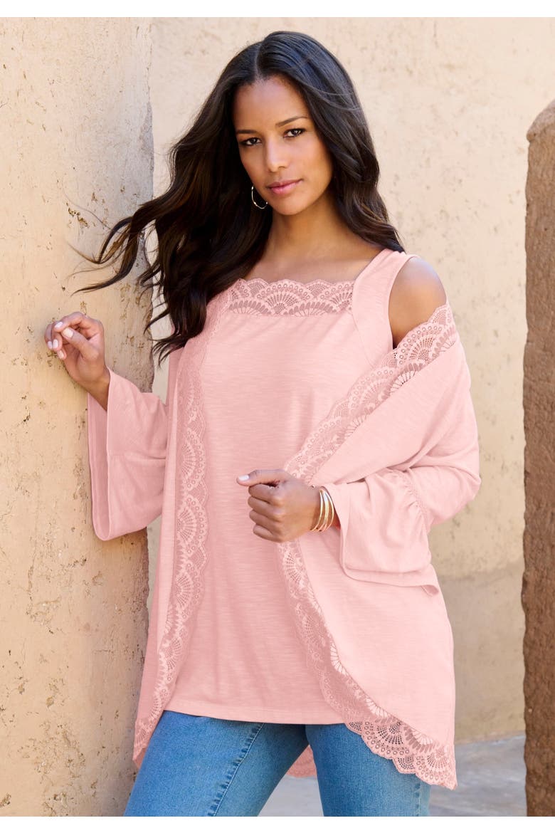 Lace-Detailed Cardigan And Tank Set, Alternate, color, SOFT BLUSH