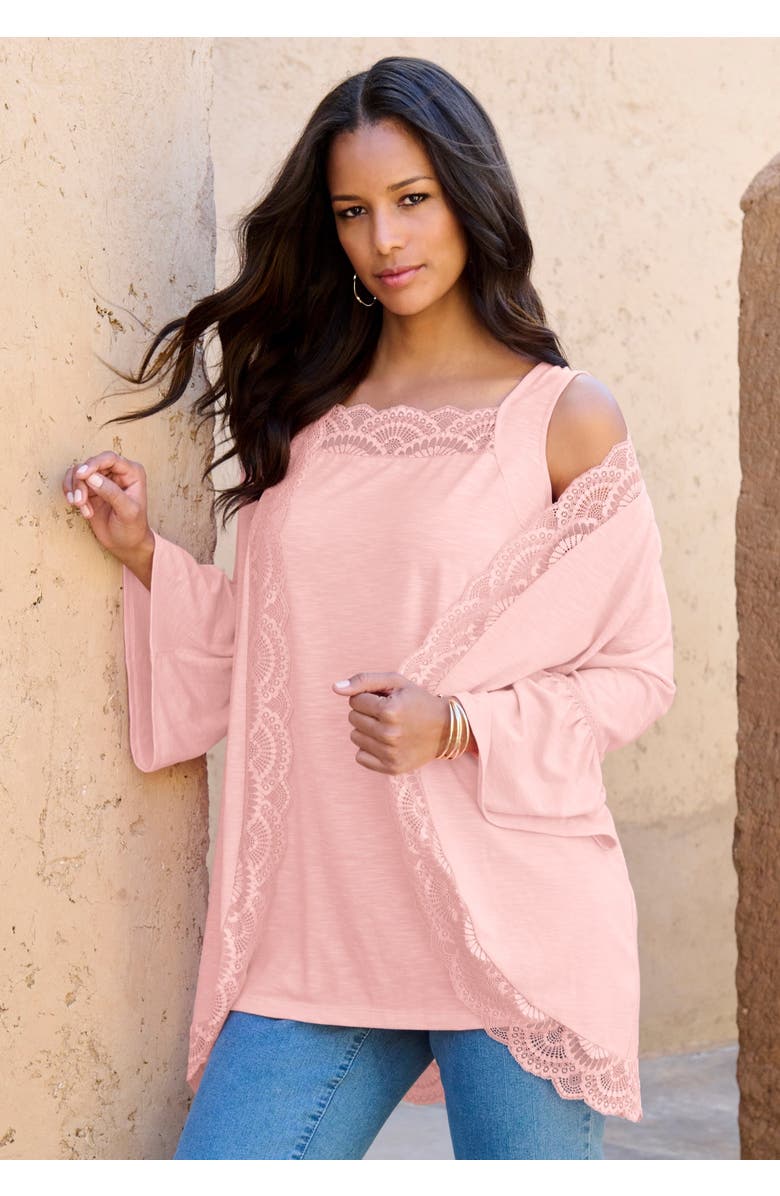 Roaman's Lace-Detailed Cardigan and Tank Set, Alternate, color, Berry Twist