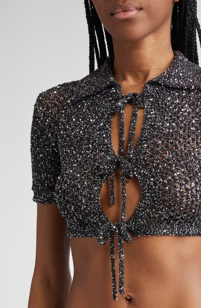 Area Sequin Crochet Crop Cardigan, Alternate, color, Black