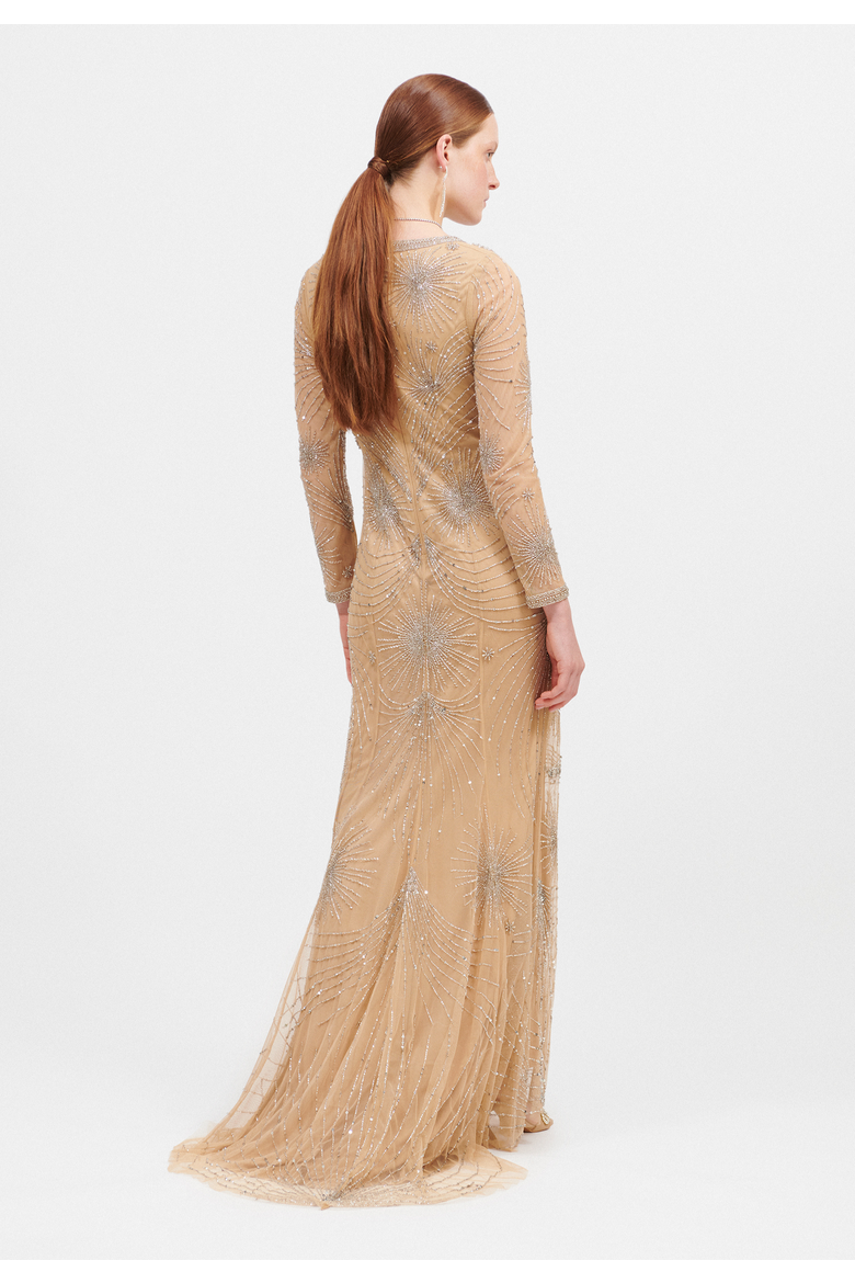 Embellished Sequin Beaded Maxi Dress With V-Neck, Alternate, color, TAUPE BLUSH