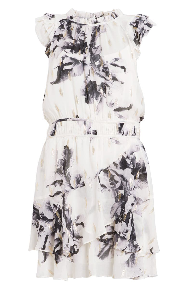 AllSaints Caylan Floral Print Metallic Minidress, Alternate, color, Monica Ecru White