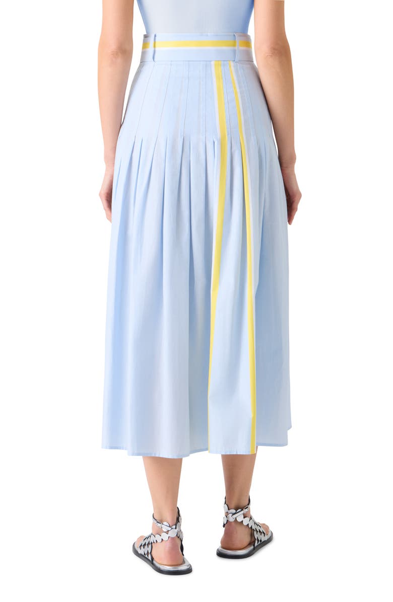 Akris punto Belted Pleated Stripe Chambray Midi Skirt, Alternate, color, Sky Blue-Lemon Zing-Cream