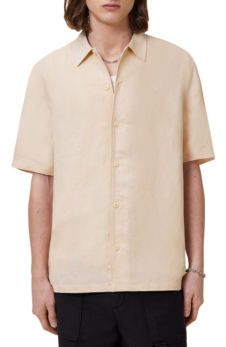AllSaints Bandol Short Sleeve Linen Blend Button-Up Shirt, Alternate, color, Hammock Taupe
