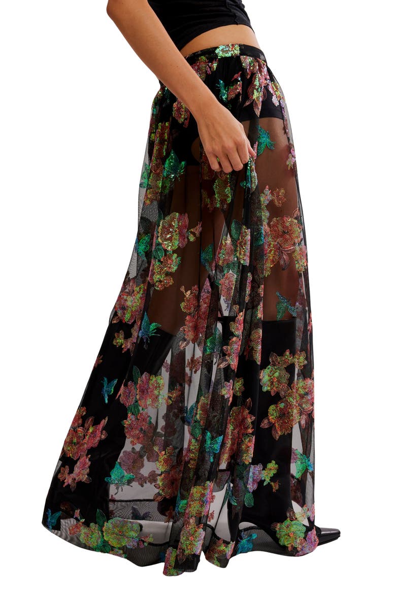 Fioritura Sequin Floral Sheer Maxi Skirt, Alternate, color, BLACK