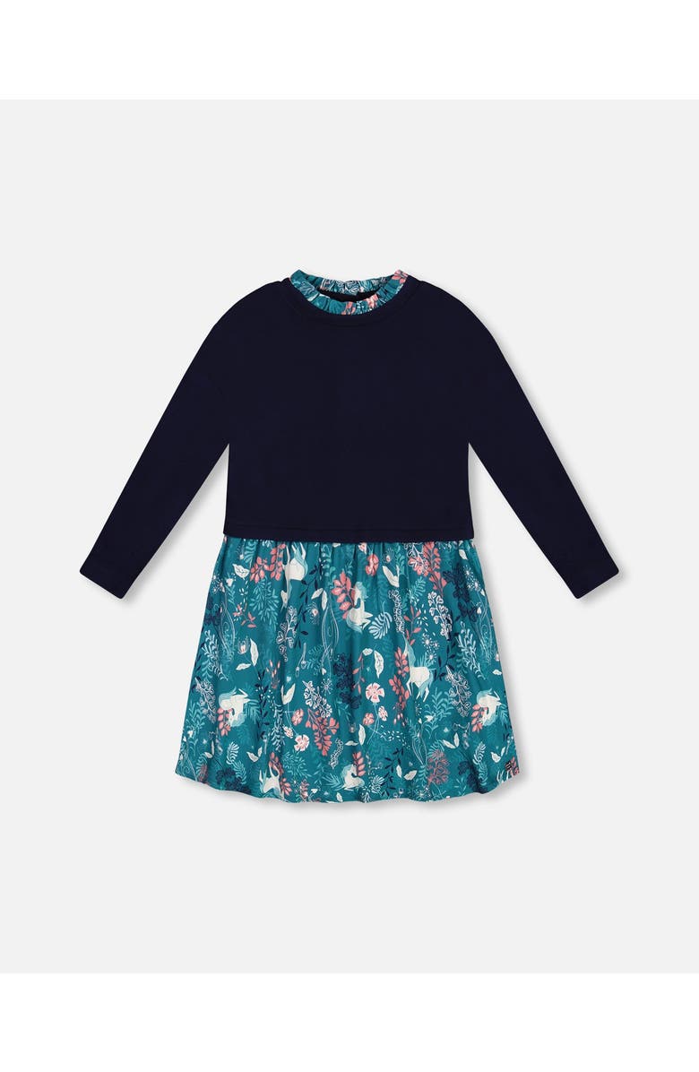 Deux par Deux Little Girl's Bi-Material Long Sleeve Dress Turquoise Printed Fairy Unicorn, Main, color, 