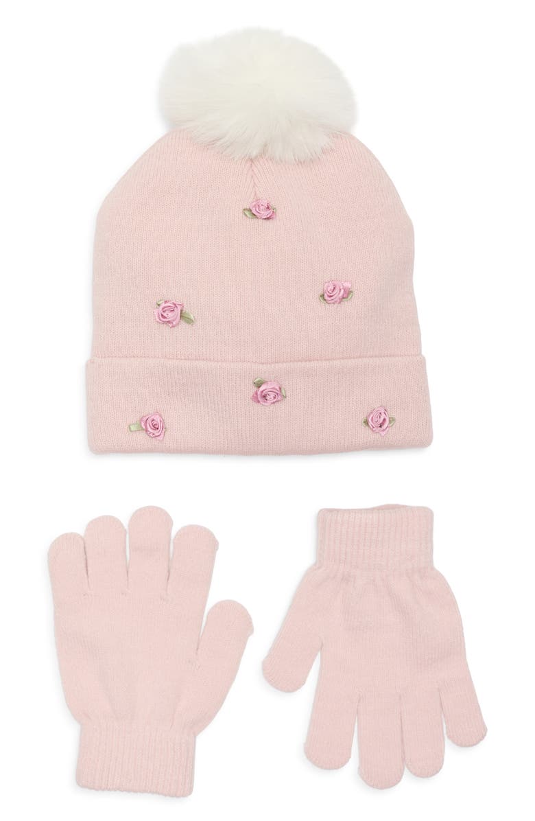 Capelli New York Kids' Rosette Beanie & Gloves Set, Main, color, Pink Combo