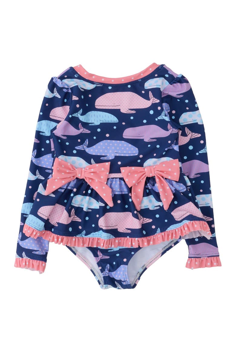Upf50+ Long Sleeve One Piece Bow Peplum Rash Guard Swimsuit, Main, color, Whale Harbor