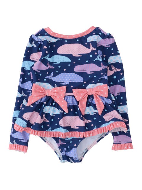 UPF50+ Long Sleeve One Piece Bow Peplum Rash Guard Swimsuit