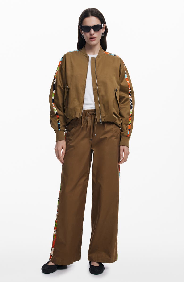 Desigual Contrast Sleeve Stripe Cotton Blend Bomber Jacket, Alternate, color, Camel