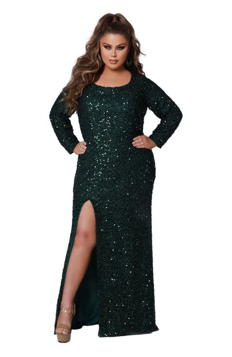 Long Sleeve Fitted Scoop Neck Sequin Plus Size Gown