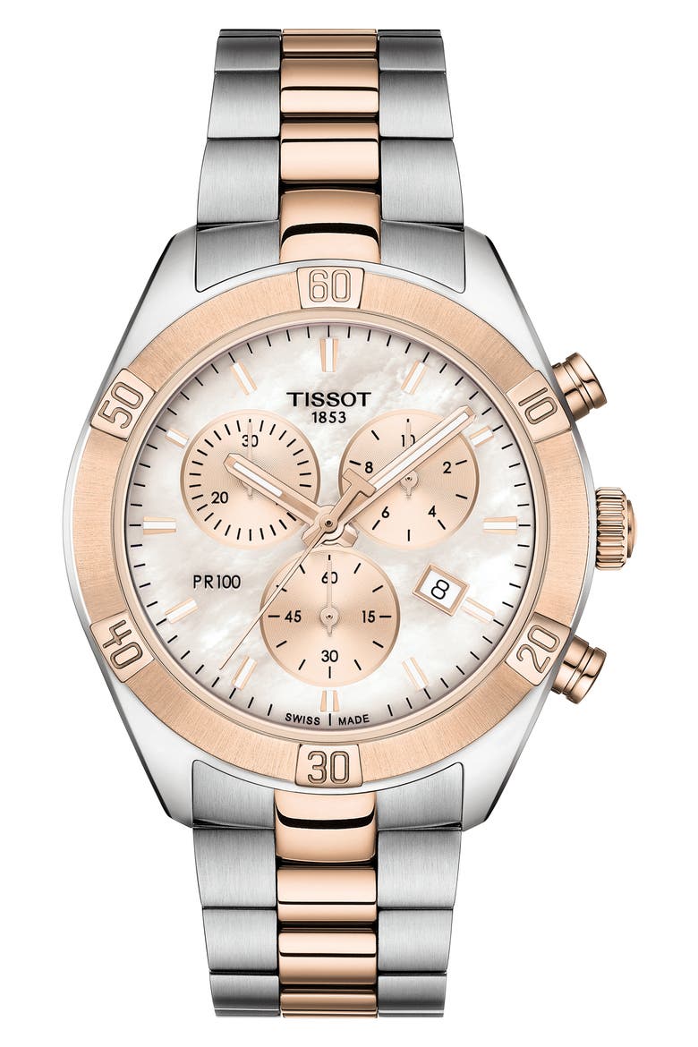 PR 100 Diamond Chronograph Bracelet Watch, 38mm, Main, color, ROSE GOLD/ MOP/ SILVER