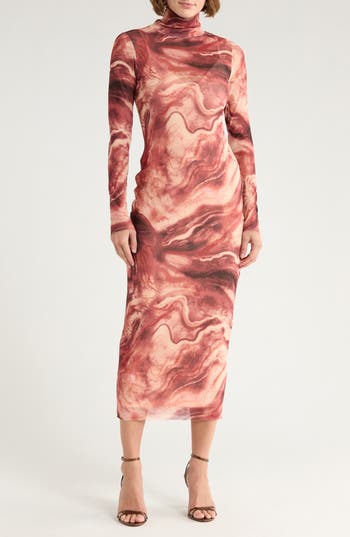 Afrm Los Angeles Marni Turtleneck Long Sleeve Mesh Dress In Brown