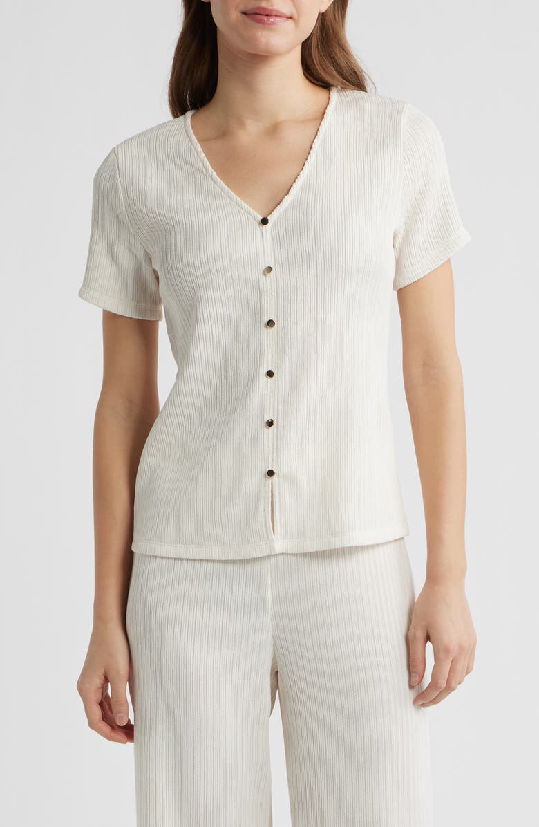 Anne Klein Short Sleeve Knit Button-Up Shirt, Main, color, White Dove