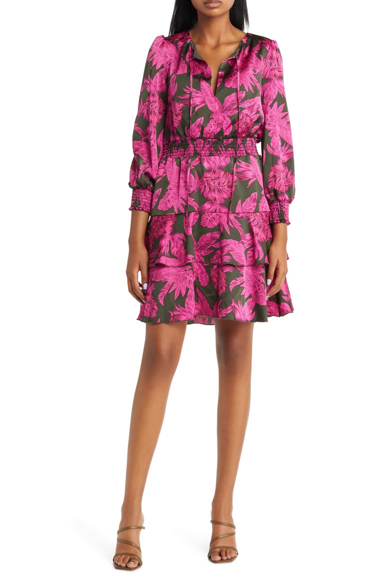 Winter Palm Long Sleeve Smocked Waist Minidress, Main, color, MAGENTA MULTI