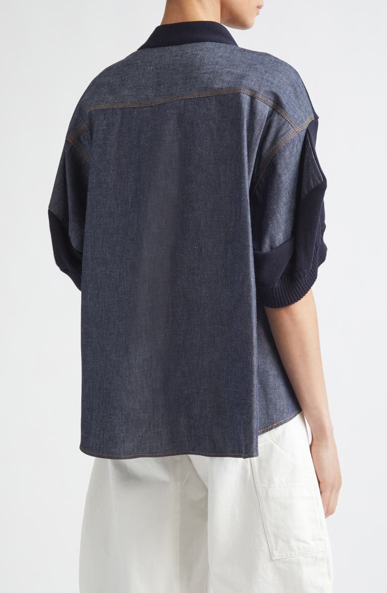 Sacai Short Sleeve Mixed Media Cardigan, Alternate, color, Navy/ Blue