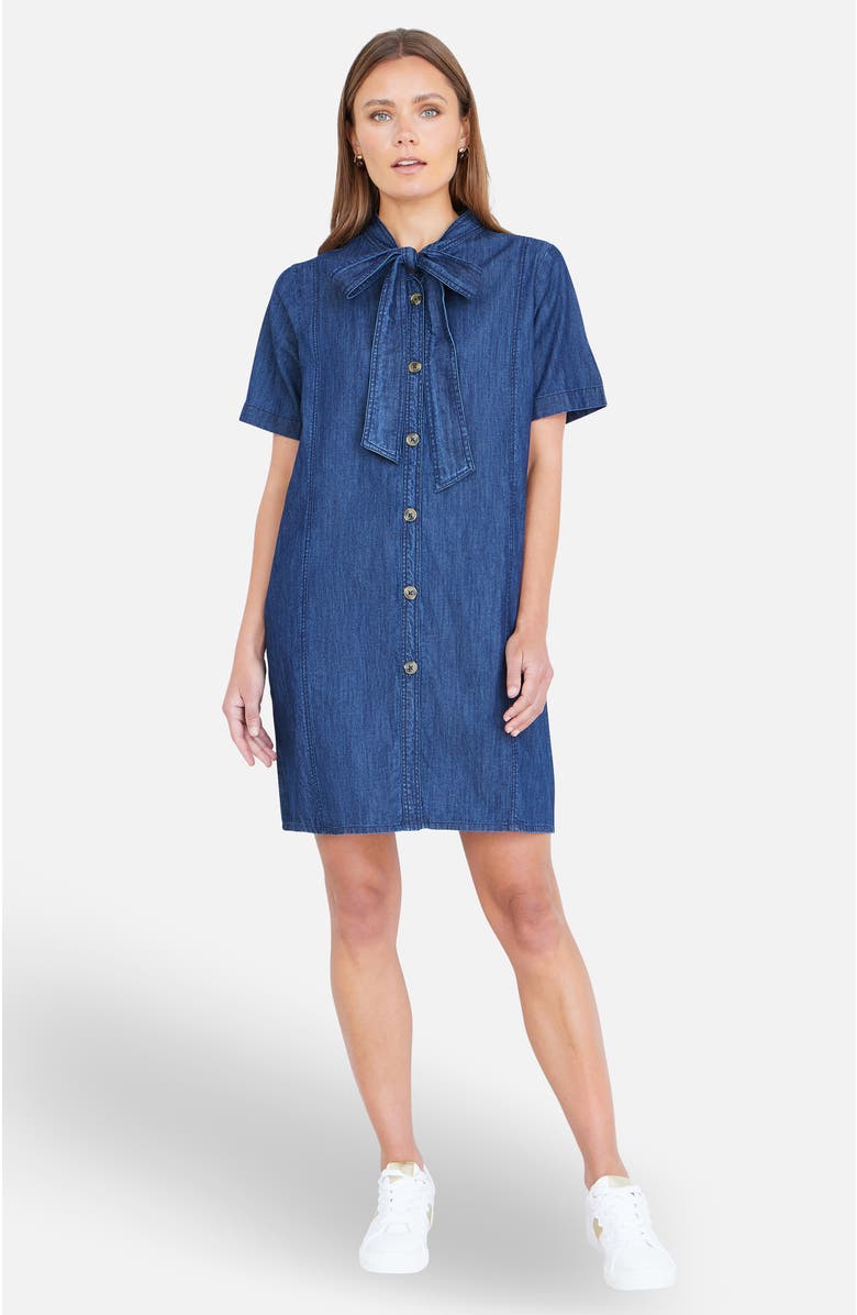 Yumi Chambray Tunic With Pussy Bow Tie, Alternate, color, Blue