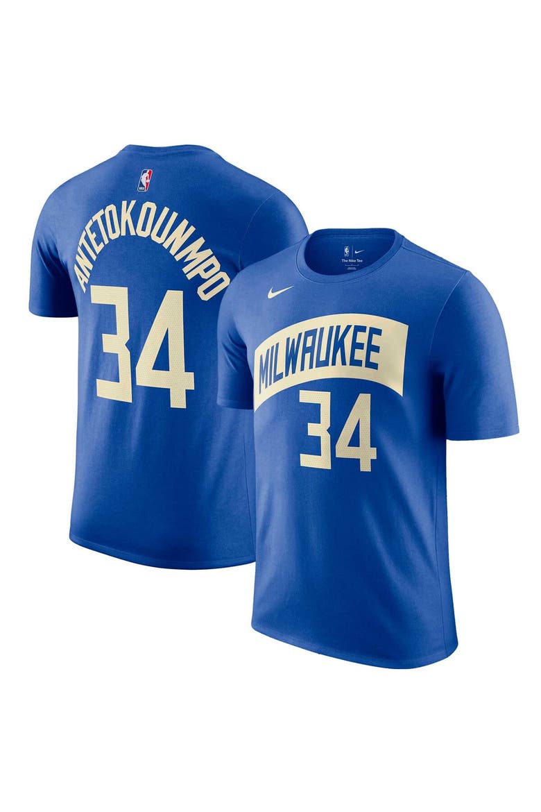 Men's Nike Giannis Antetokounmpo Royal Milwaukee Bucks 2023/24 City Edition Name & Number T-Shirt, Main, color, Royal