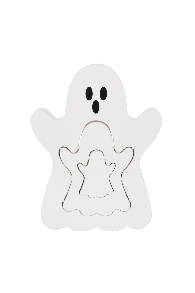 Wooden Ghost Puzzle Decorative Halloween 9.45" Figurine, Main, color, White