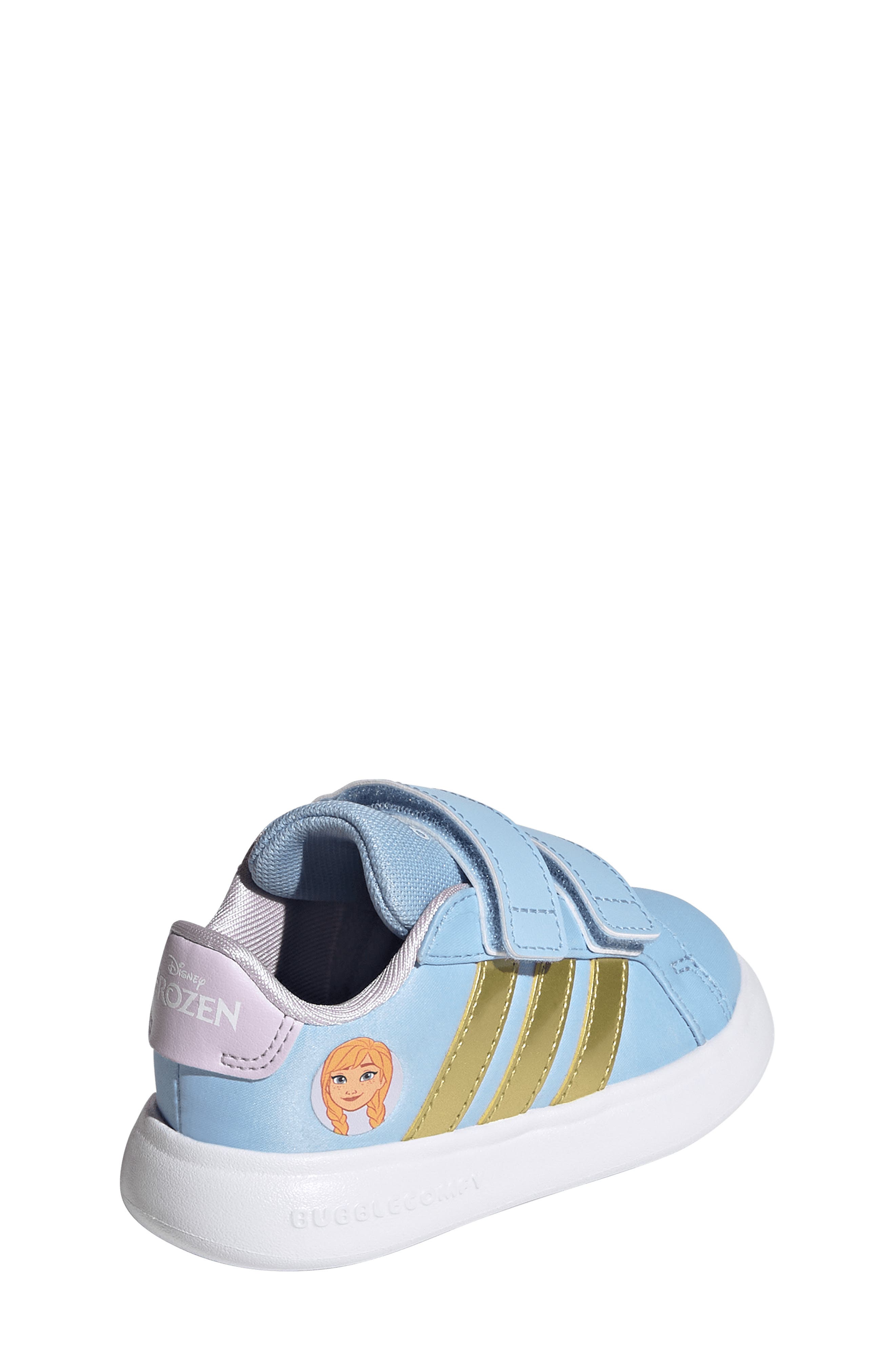 adidas x Disney<sup>®</sup> Kids' Grand Court Anna Sneaker, Alternate, color, Glow Blue/ Gold / Lavender